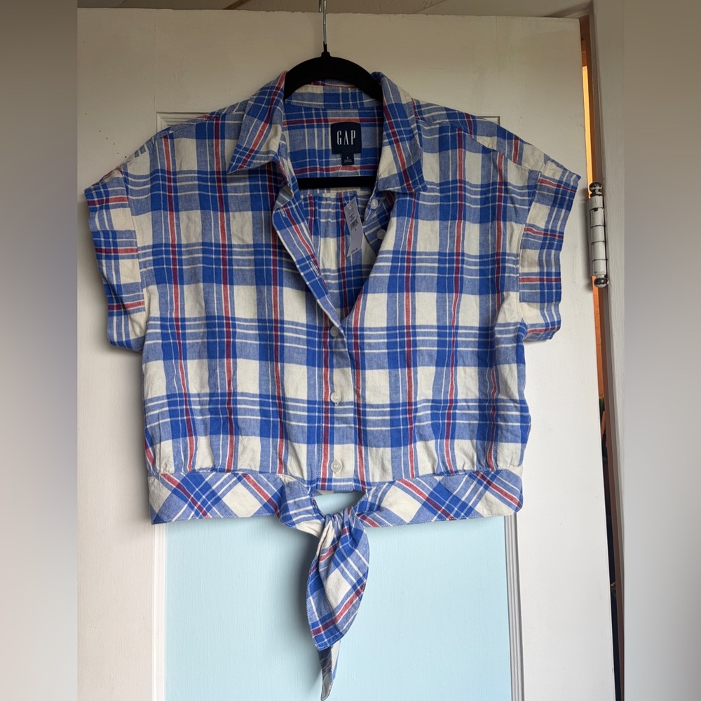 GAP Tie-Front Plaid Crop Shirt in Blue and White with Red Accents